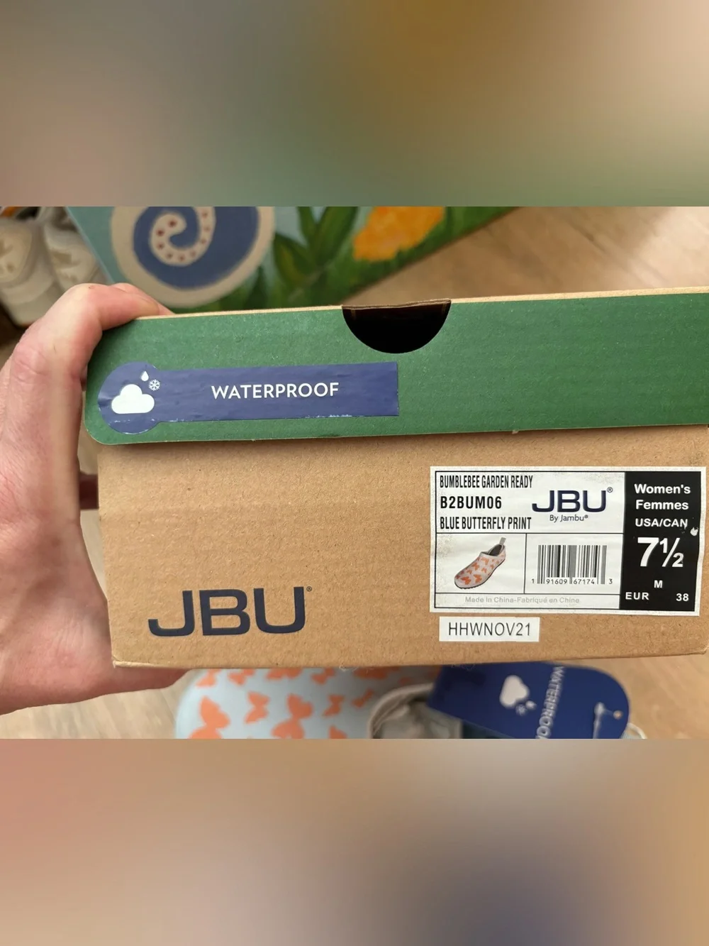 JBU Kids Waterproof Slip-On Boots in Light Gray with Orange Butterfly Print